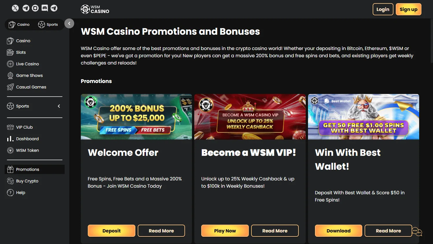 WSM Casino desktop promotions area with the first-deposit bonus