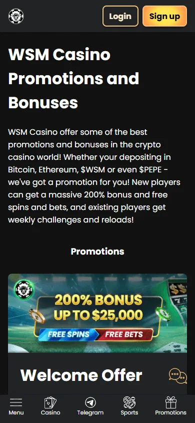WSM Casino mobile browser promotions area with the welcome offer