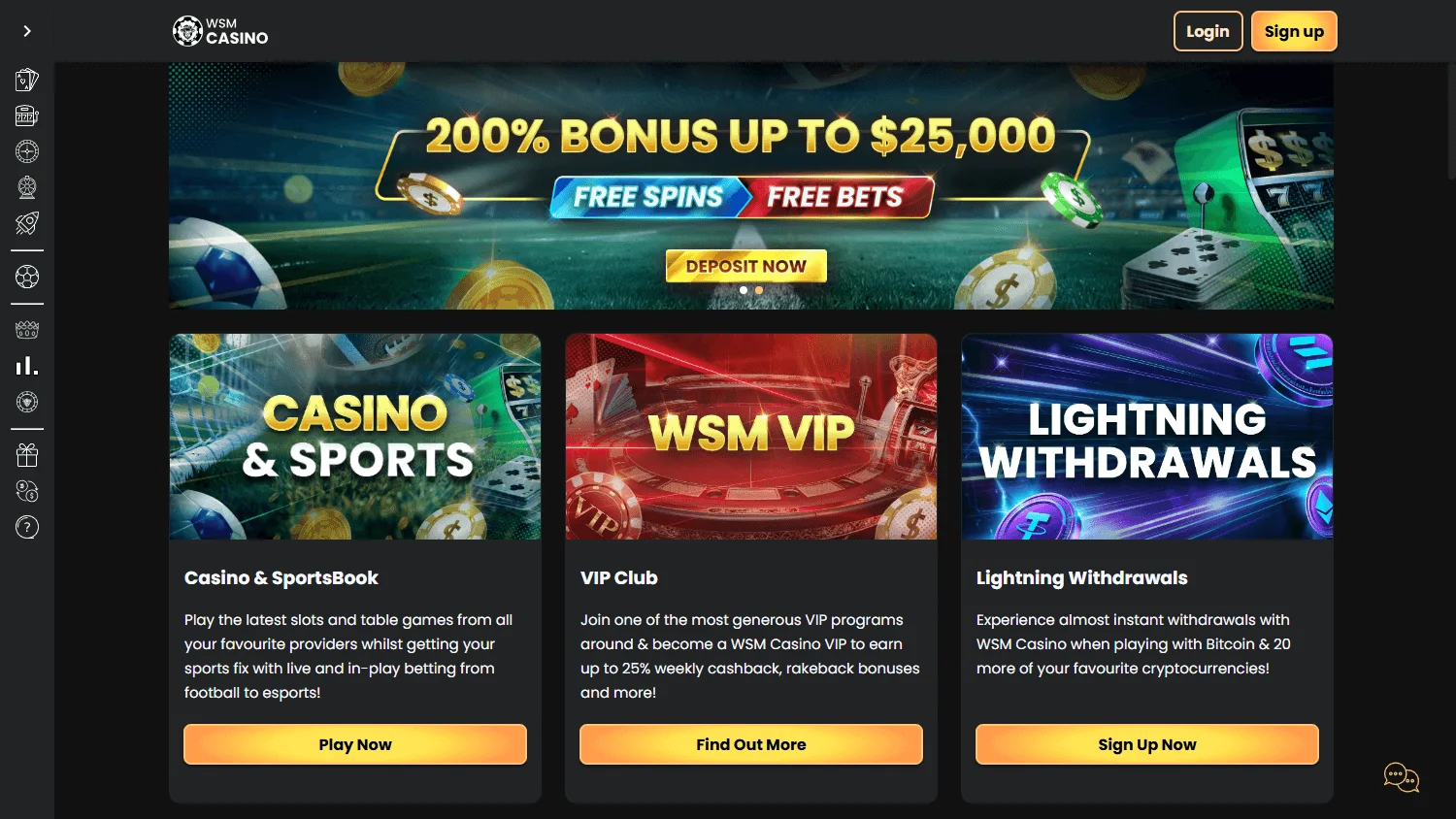 WSM Casino desktop homepage with casino, live casino and sportsbook options
