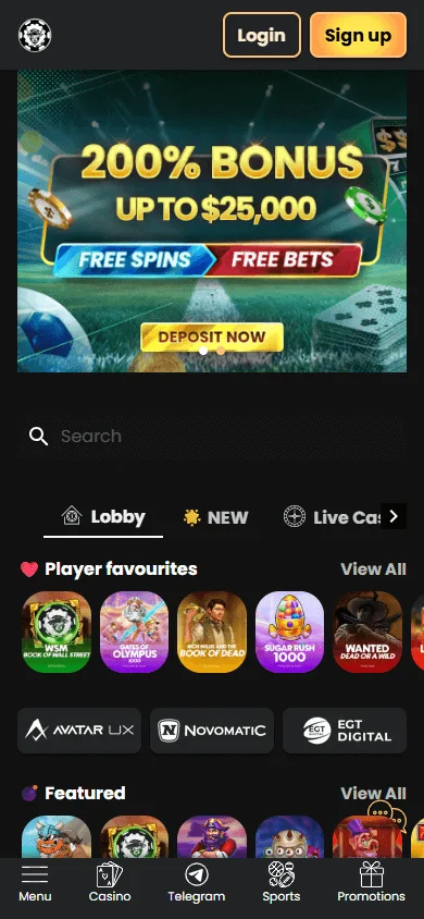 WSM Casino mobile browser games area with casino categories