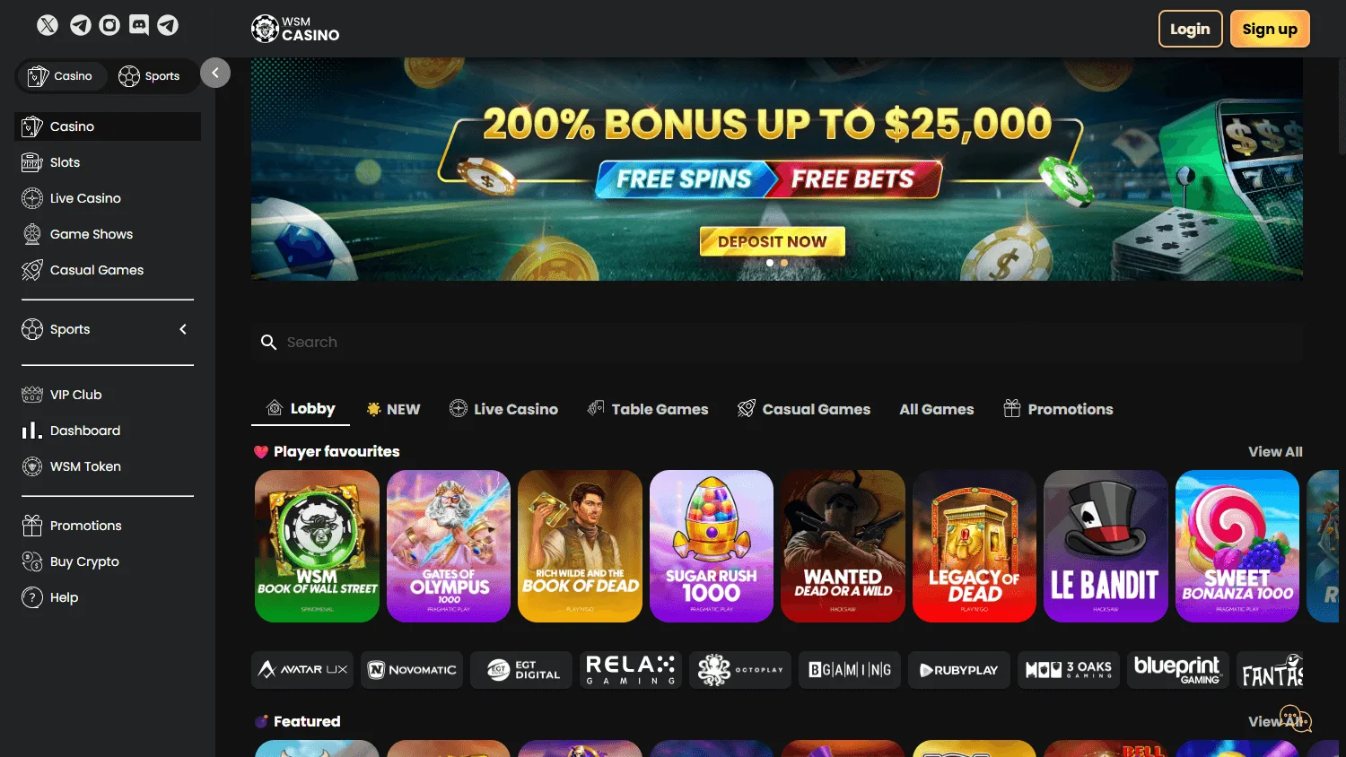 WSM Casino desktop games area with pokies and casino categories